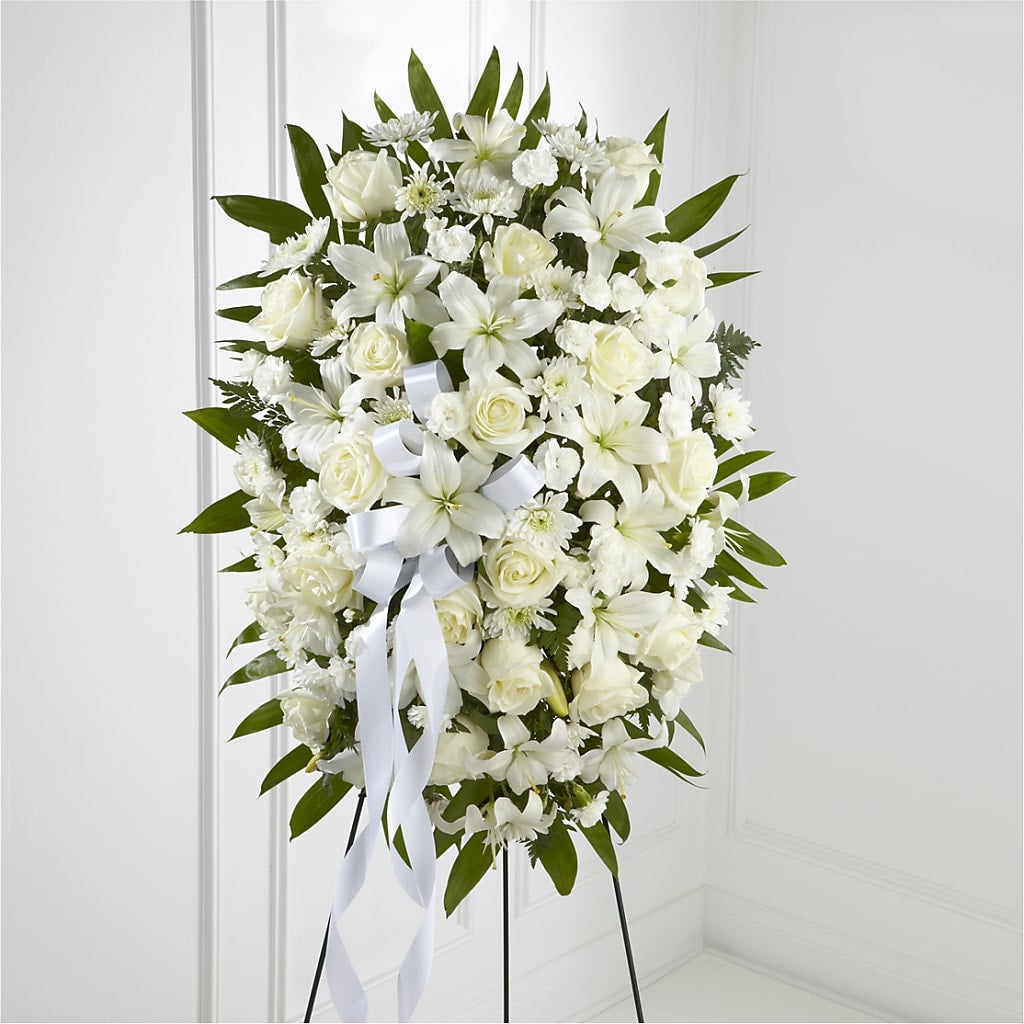 Exquisite Tribute Standing Spray-White Ribbon – Ferguson Florists Inc, Attalla AL