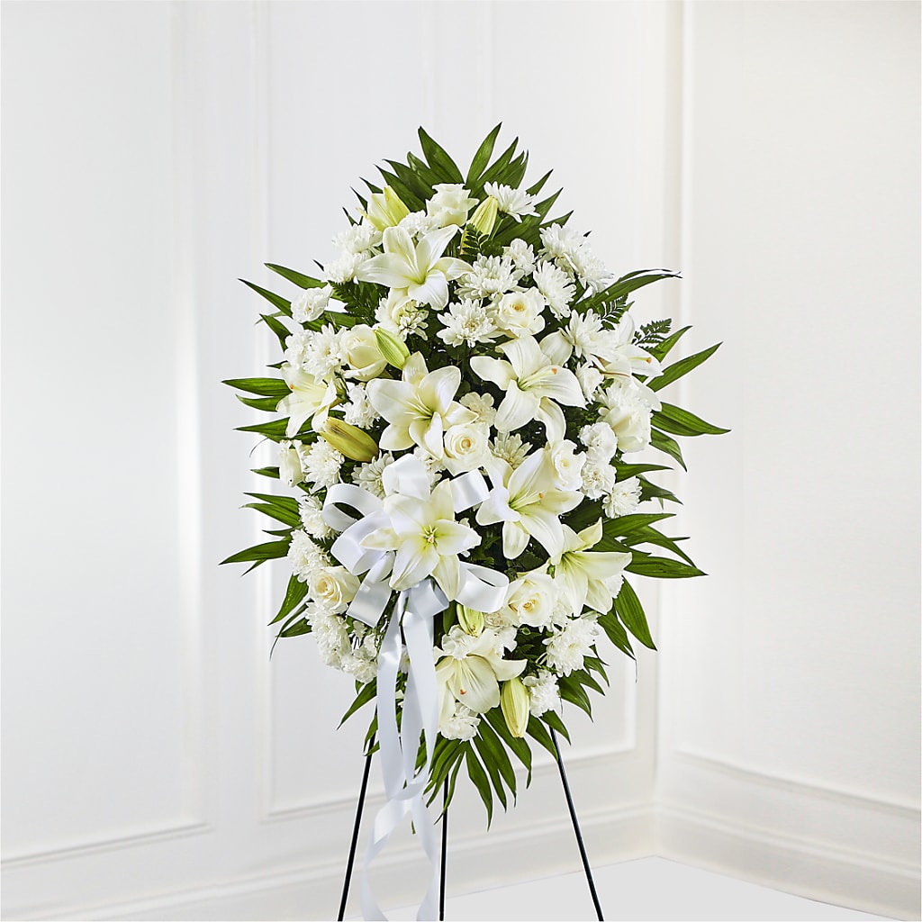 Exquisite Tribute Standing Spray-White Ribbon – Ferguson Florists Inc, Attalla AL
