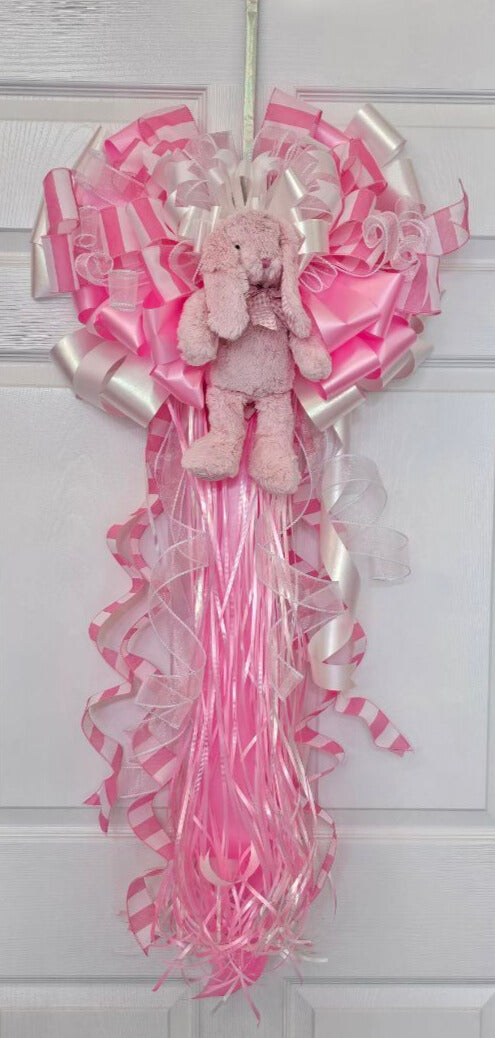 New Arrival Baby Girl Door Badge with Stuffed Bunny